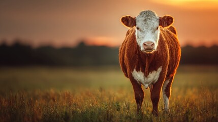 Hereford cow standing in a field at sunset, rural scene.