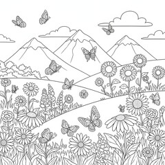 Butterfly and flowers coloring page. Mountain landscape illustration. Butterflies flying over a field of blooming flowers with mountains in the background. Fun coloring sheet for kids.