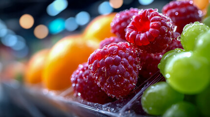 Fresh strawberries and grapes displayed on supermarket shelves