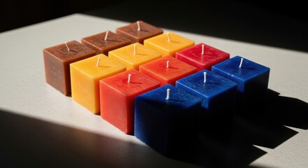 Cube Shaped Candles Displayed in Rows and Columns Outdoors