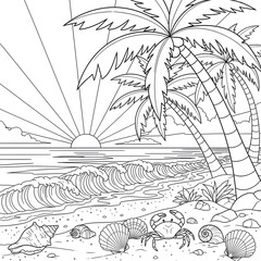 Beach and ocean coloring page. Coastal landscape illustration. Waves crashing on a beach with palm trees and seashells. Fun printable sheet for children.