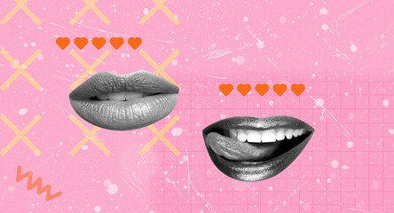 Art collage, Creative digital illustration of lips and hearts on a pink background showcasing love and joy in modern design