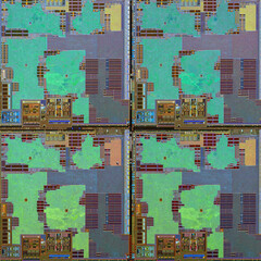 macro photography of semiconductor chip circuit with colorful reflection