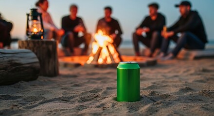 Green beverage can on a sandy beach with friends around a campfire.