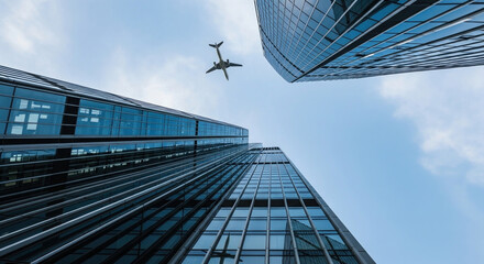 An airplane flying above the glass skyscrapers in a financial district, showcasing an abstract cityscape background.