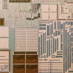 macro photography of semiconductor chip circuit with colorful reflection