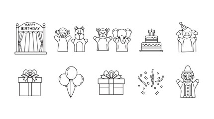 Hand drawn party elements birthday celebration gifts balloons cake confetti celebrations fun cheerful vector