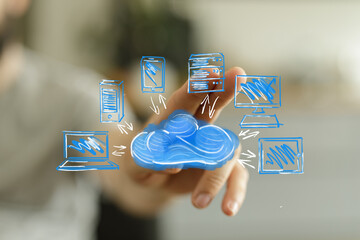 Seamless data flow.  Cloud technology, network devices, data sharing, synchronization, digital...