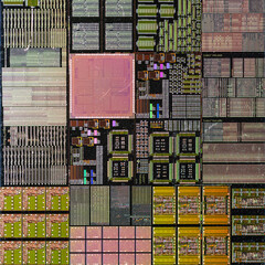 macro photography of semiconductor chip circuit with colorful reflection