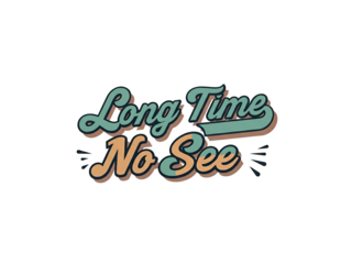 Retro-style typography graphic with the phrase "Long Time No See" in teal and beige with a shadow effect and decorative lines.