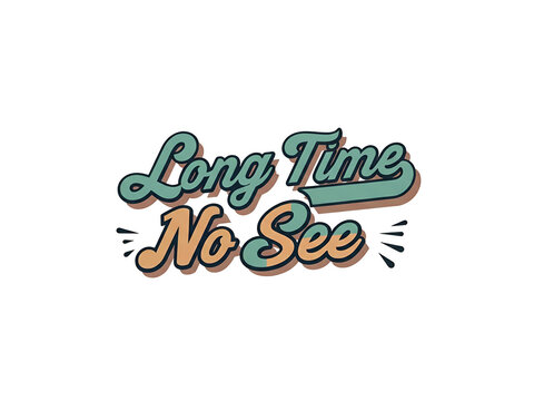 Retro-style typography graphic with the phrase "Long Time No See" in teal and beige with a shadow effect and decorative lines.
