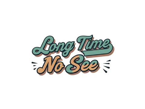 Retro-style typography graphic with the phrase "Long Time No See" in teal and beige with a shadow effect and decorative lines.