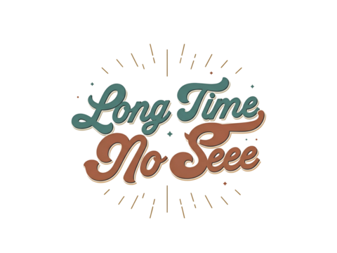 Retro-styled typography design featuring the phrase "Long Time No See" with sunburst rays around the text.