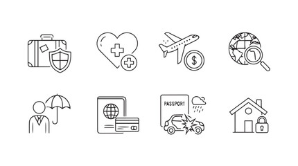 Collection of outline icons representing various insurance and travel services for modern businesses vector