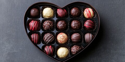 Obraz premium Exquisite Gourmet Chocolate Truffles Assortment in Heart Shaped Box, Perfect Gift for Any Occasion