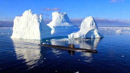 Sous-marin militaire naviguant entre les icebergs dans les eaux arctiques
