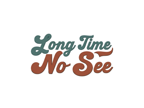 "Long Time No See" text graphic in teal and brown retro-style lettering on a white background.
