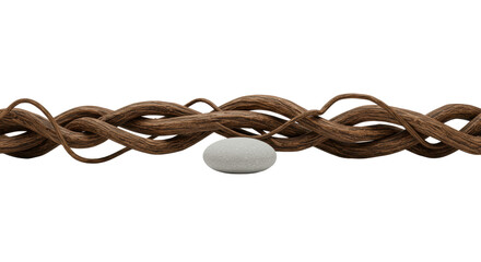 Dry, gnarled liana vines, rough texture, twisted branches, horizontally arranged with a smooth light grey river stone on seamless light grey, diffused studio light. Natural minimalism.