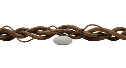 Dry, gnarled liana vines, rough texture, twisted branches, horizontally arranged with a smooth light grey river stone on seamless light grey, diffused studio light. Natural minimalism.