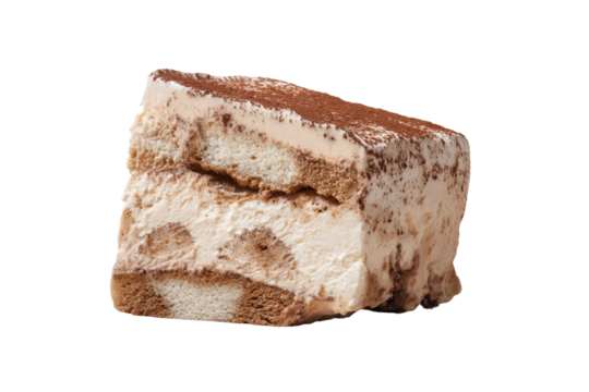 A slice of layered dessert, light beige and brown, dusted with cocoa powder.  Visible layers of sponge cake and creamy filling are apparent