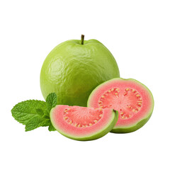 Whole and half-cut green guavas revealing vibrant pink flesh, black seeds, and a mint leaf, on a seamless transparent background with shadowless studio lighting. Concept for healthy fruit advertising