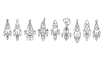 Hand drawn ornate rocket spaceships line art collection detailed vintage sci-fi designs vector