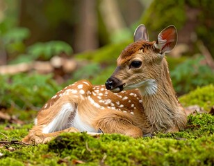 A young white-tailed deer fawn rests on a bed of moss in a lush forest