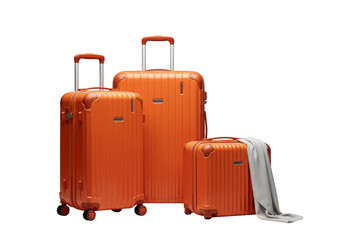 Two orange hardshell suitcases and light grey silk scarf on seamless light grey studio background with high-key lighting, clean product display concept