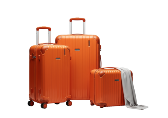 Two orange hardshell suitcases and light grey silk scarf on seamless light grey studio background with high-key lighting, clean product display concept