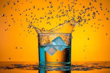 Vibrant Water Splash in Glass with Ice Cubes