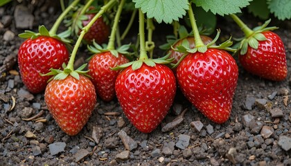 Fresh, ripe strawberries nestled in rich, dark soil, showcasing vibrant red hues and a close-up view of their textured skins.