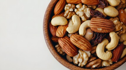 Wooden Bowl of Mixed Nuts and Raisins: Almonds, Cashews, Walnuts, Pecans, Healthy Snack