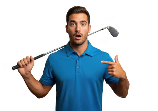 Surprised golfer man with golf club over shoulder pointing to himself in blue shirt isolated on transparent background
