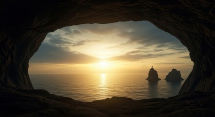 Sunrise Over the Ocean Seen From a Cave Entrance