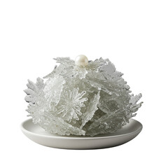 Exquisite translucent crystalline sugar dessert, fern patterns, irregular pile, edible pearl on white plate, light grey background, studio lighting. Concept of high-end edible art and elegance