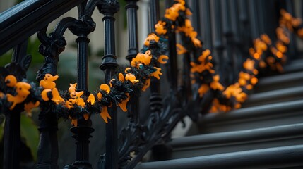 Halloween Ghost Lights Garland on Black Iron Railing Stairs