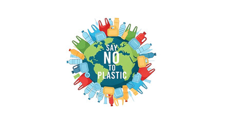 Earth surrounded by plastic with the words say no to plastic in the center of the planet