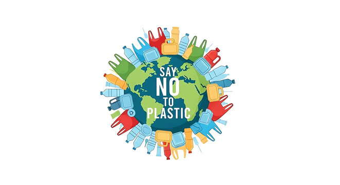 Earth surrounded by plastic with the words say no to plastic in the center of the planet