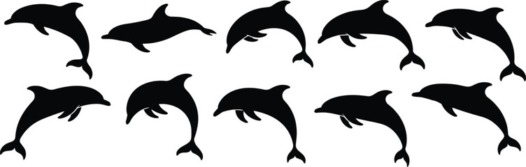 Dolphin silhouettes, marine animals, ocean wildlife, aquatic icons, sea creatures, swimming mammals, nature design, water species, coastal art, vector illustration