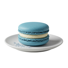 A single, perfect gourmet indigo macaron with cream filling on a white ceramic plate, sugar crystals, isolated on a transparent background, macro commercial product photography concept