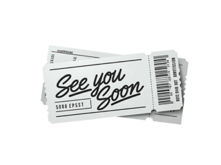 Stack of three white tickets with black text "See you Soon" and a barcode, isolated on a white background.