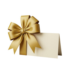 Intricately tied luxurious metallic gold ribbon bow with prominent satin sheen and a blank cream card on a clean transparent background, close-up studio shot. Concept of refined luxury