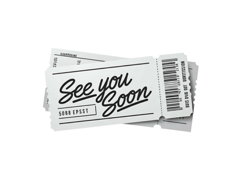 Stack of three white tickets with black text "See you Soon" and a barcode, isolated on a white background.