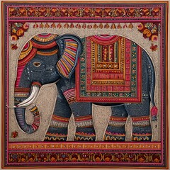Traditional Indian elephant art, colorful decorative design symbolizing culture, heritage, and spirituality in detailed ethnic illustration.