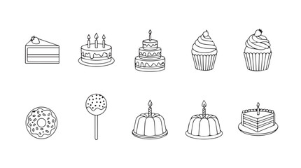 Hand drawn birthday celebration cakes and cupcakes collection simple sketch style graphic elements vector