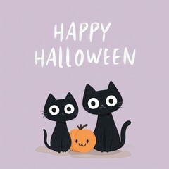 Fototapeta premium Two cute black cats pose next to a pumpkin, celebrating Halloween with playful charm and festive spirit.