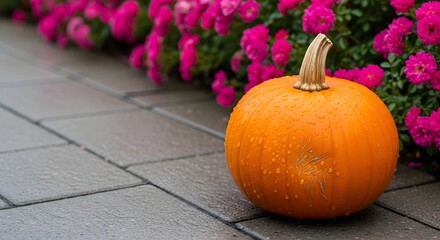 A single, ripe orange pumpkin sits on a wet paved walkway with a blurred background of vibrant pink flowers