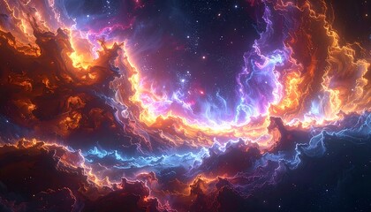 A vibrant nebula with swirling, fiery clouds of orange, red, and blue hues against a backdrop of dark space and stars