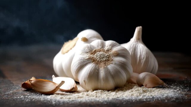 Fresh garlic bulbs are placed on a wooden countertop, showcasing their natural texture. The aroma fills the air as cloves are separated, ready for flavorful dishes