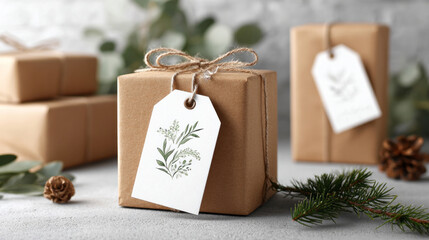 Eco-friendly gift boxes with botanical tags on rustic background for celebration. handmade personalized Christmas gift tags with calligraphy, concept of eco-friendly holiday packaging